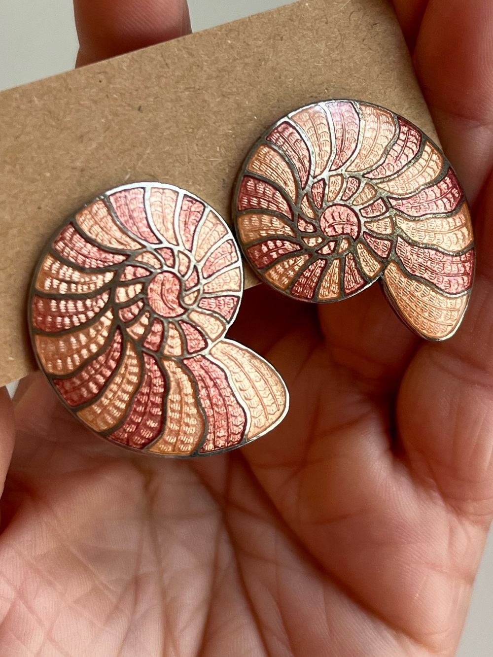 Vintage Cloisonné-Style Ammonite Shell Earrings